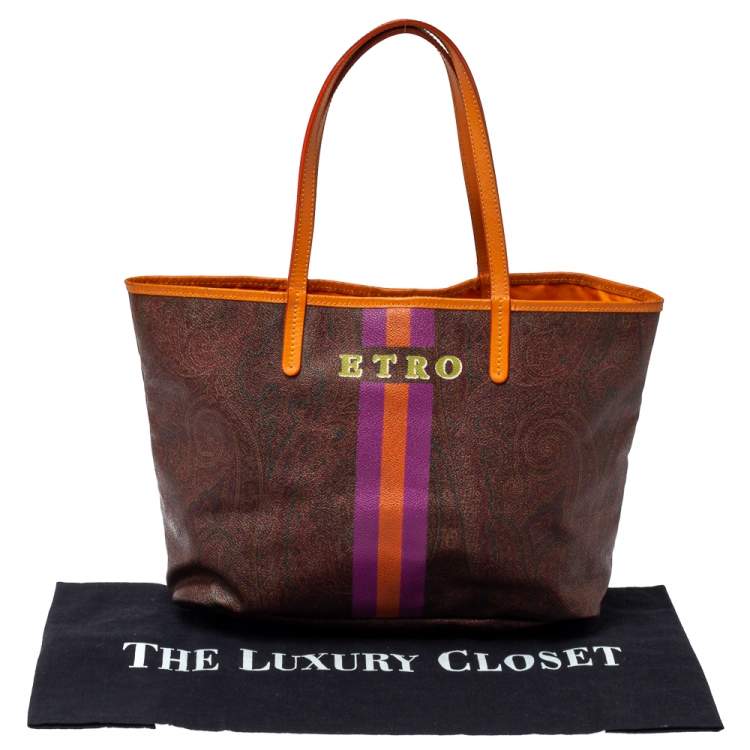 Pre Owned Etro Brown/Orange Paisley Coated Canvas Small Shopper Tote