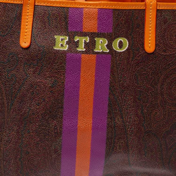 Pre Owned Etro Brown/Orange Paisley Coated Canvas Small Shopper Tote