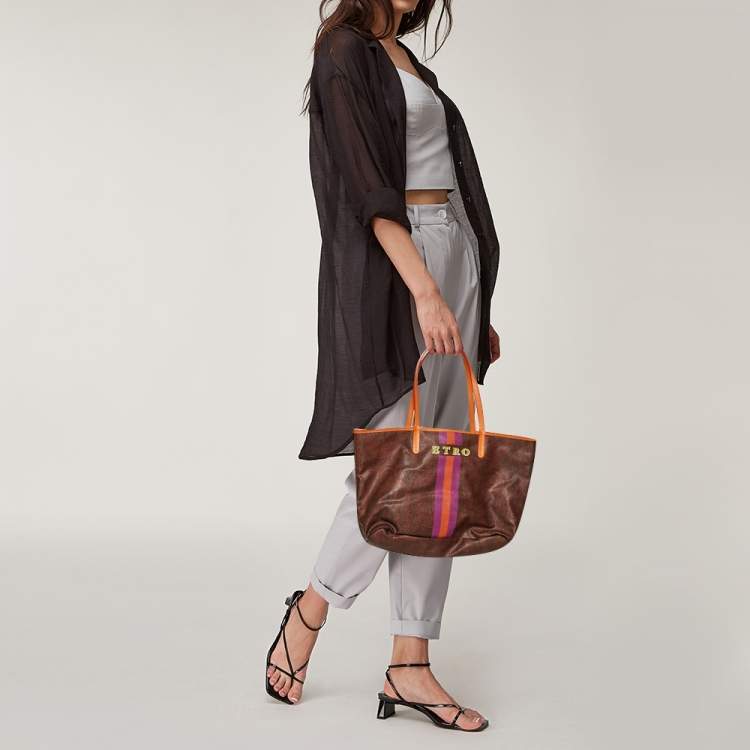Pre Owned Etro Brown/Orange Paisley Coated Canvas Small Shopper Tote