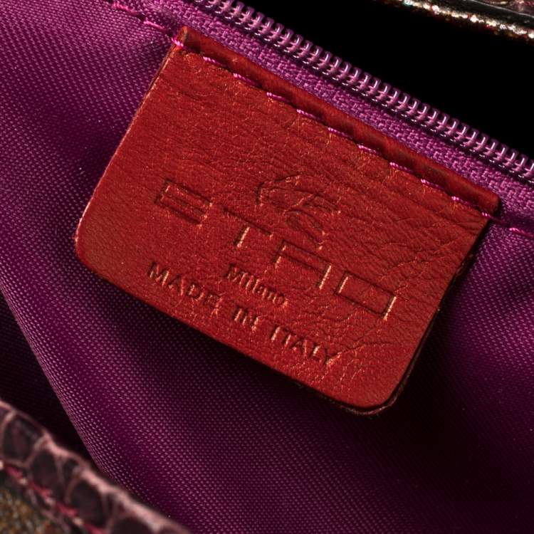 Pre Owned Etro Tricolor Paisley Coated Canvas and Croc Embossed Leather Shoulder Bag