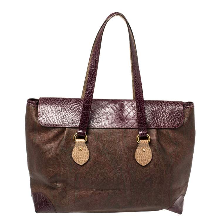 Pre Owned Etro Tricolor Paisley Coated Canvas and Croc Embossed Leather Shoulder Bag
