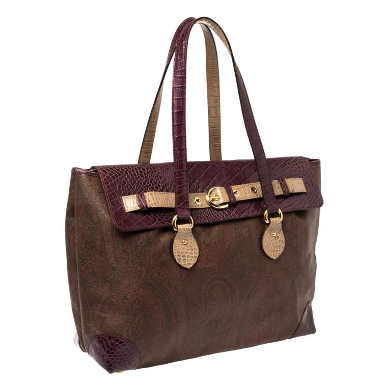 Pre Owned Etro Tricolor Paisley Coated Canvas and Croc Embossed Leather Shoulder Bag