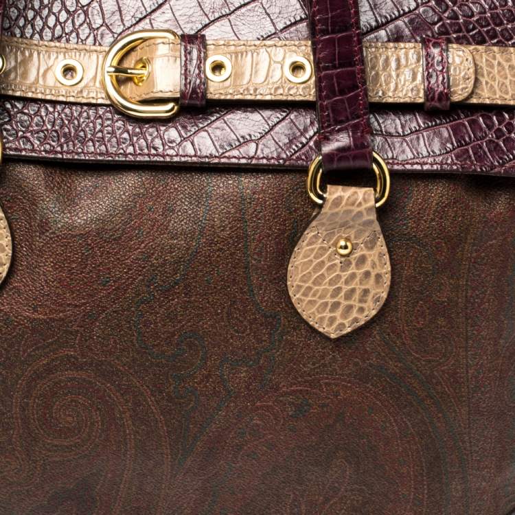 Pre Owned Etro Tricolor Paisley Coated Canvas and Croc Embossed Leather Shoulder Bag