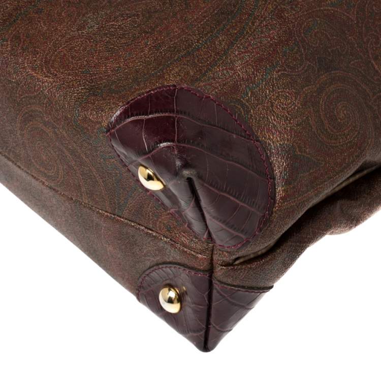 Pre Owned Etro Tricolor Paisley Coated Canvas and Croc Embossed Leather Shoulder Bag
