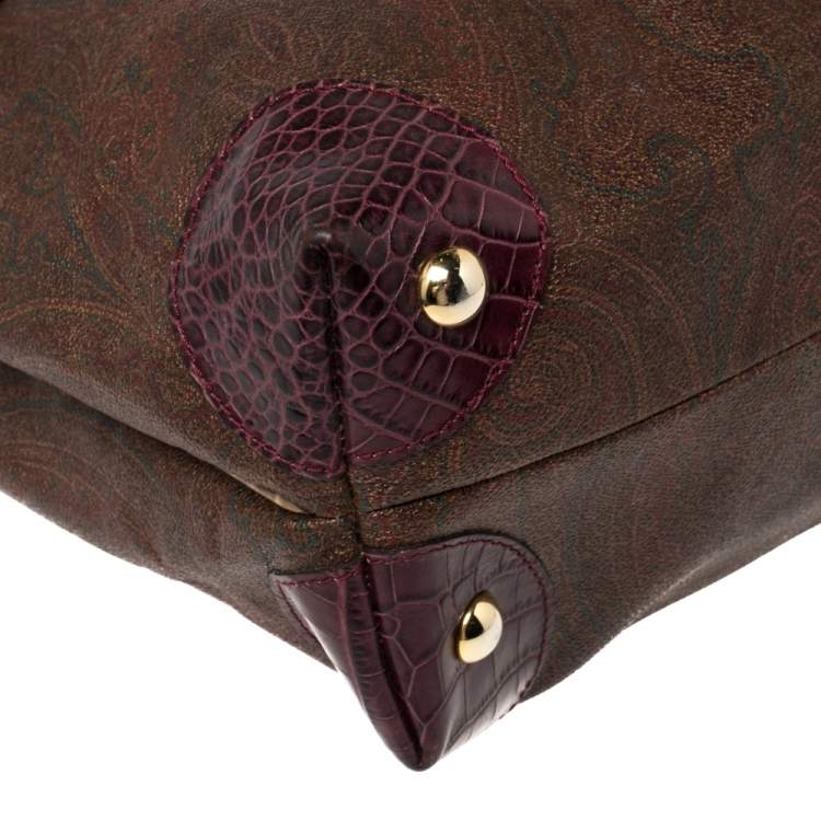 Pre Owned Etro Tricolor Paisley Coated Canvas and Croc Embossed Leather Shoulder Bag