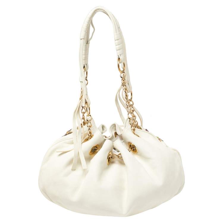 Pre Owned Etro White Leather Beads Embroidered Drawstring Shoulder Bag