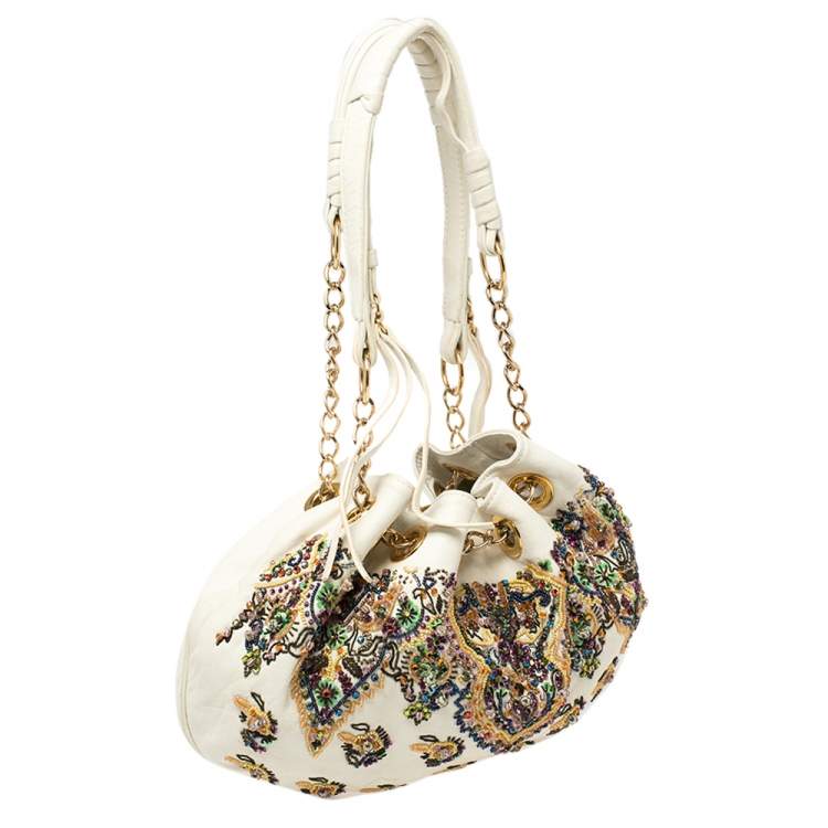 Pre Owned Etro White Leather Beads Embroidered Drawstring Shoulder Bag