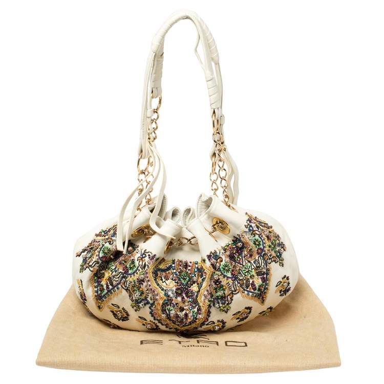 Pre Owned Etro White Leather Beads Embroidered Drawstring Shoulder Bag