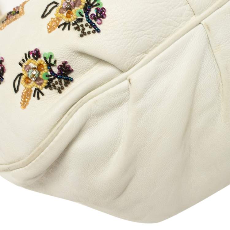 Pre Owned Etro White Leather Beads Embroidered Drawstring Shoulder Bag