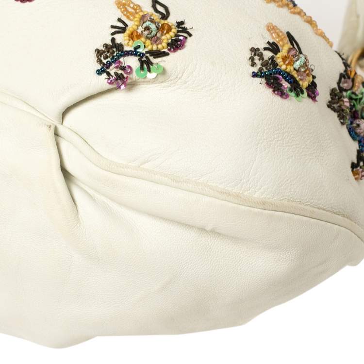 Pre Owned Etro White Leather Beads Embroidered Drawstring Shoulder Bag