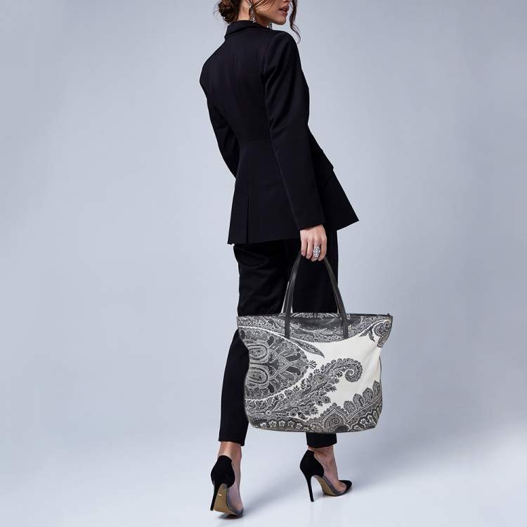 Pre Owned Etro Black/White Paisley Print Leather Zip Tote
