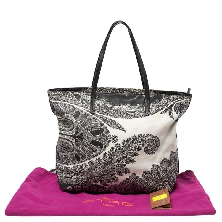 Pre Owned Etro Black/White Paisley Print Leather Zip Tote