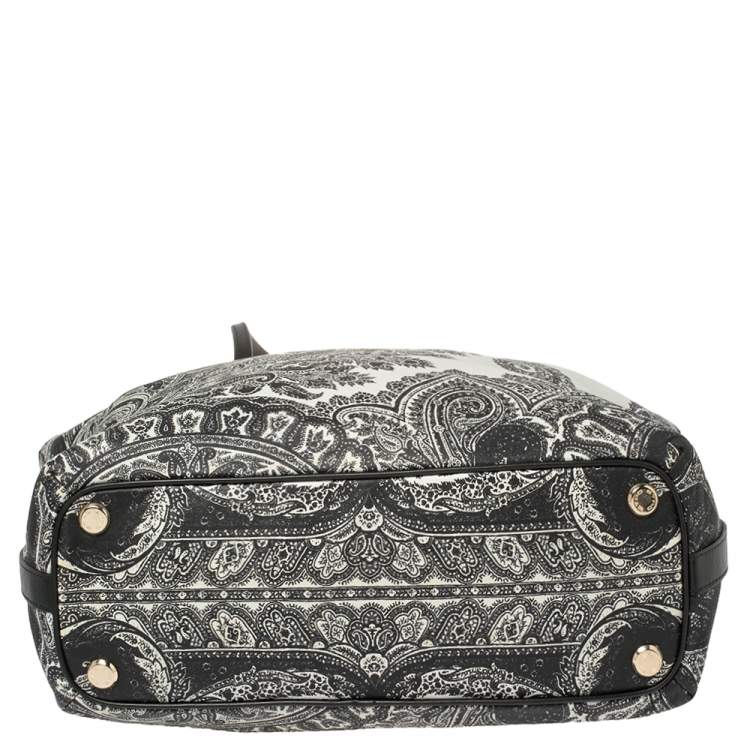 Pre Owned Etro Black/White Paisley Print Leather Zip Tote