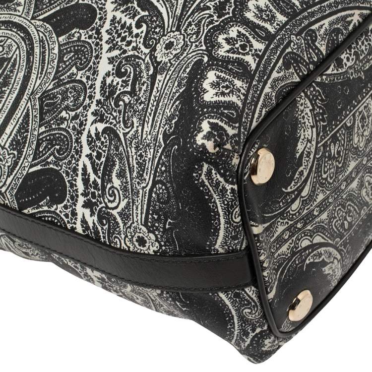 Pre Owned Etro Black/White Paisley Print Leather Zip Tote