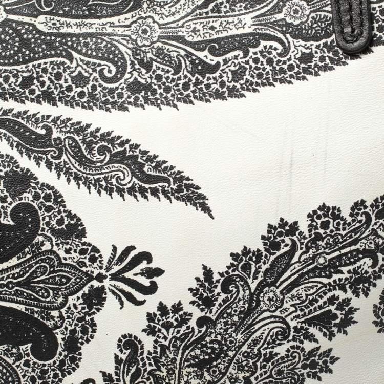 Pre Owned Etro Black/White Paisley Print Leather Zip Tote