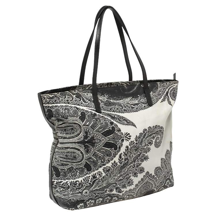 Pre Owned Etro Black/White Paisley Print Leather Zip Tote