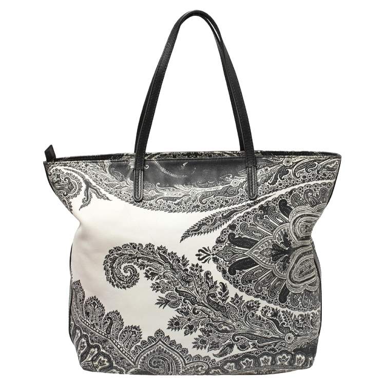Pre Owned Etro Black/White Paisley Print Leather Zip Tote