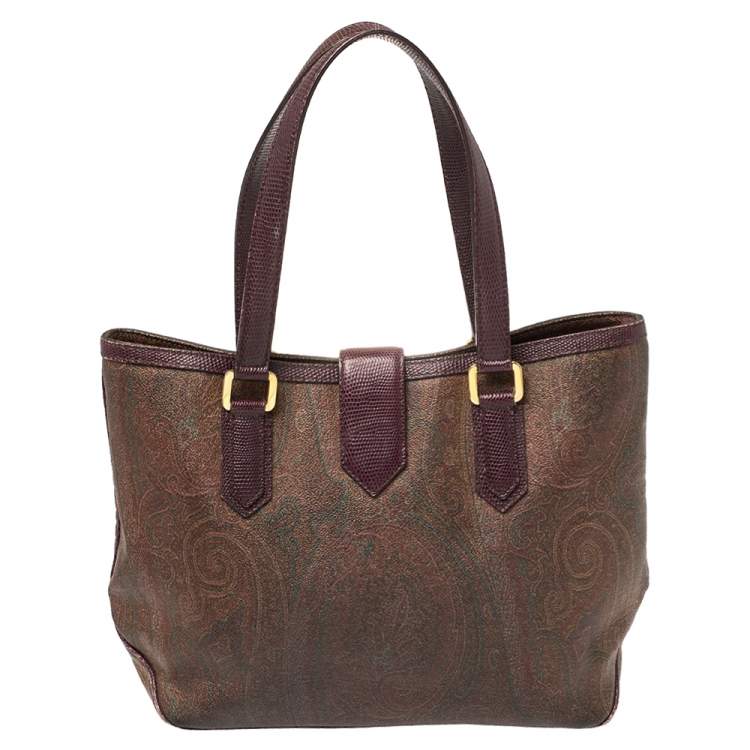 Pre Owned Etro Brown Paisley Coated Canvas and Lizard Embossed Tote