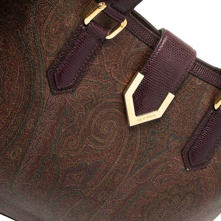Pre Owned Etro Brown Paisley Coated Canvas and Lizard Embossed Tote