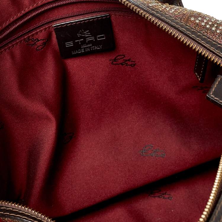 Pre Owned Etro Brown Paisley Printed Coated Canvas Studded Satchel