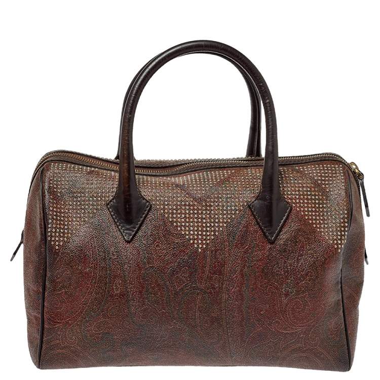 Pre Owned Etro Brown Paisley Printed Coated Canvas Studded Satchel