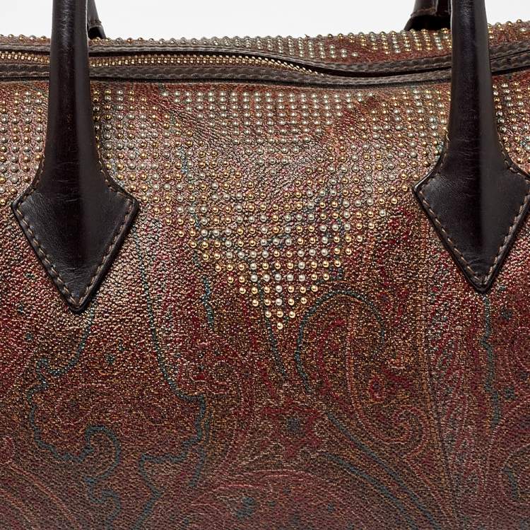 Pre Owned Etro Brown Paisley Printed Coated Canvas Studded Satchel