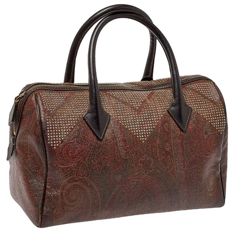 Pre Owned Etro Brown Paisley Printed Coated Canvas Studded Satchel