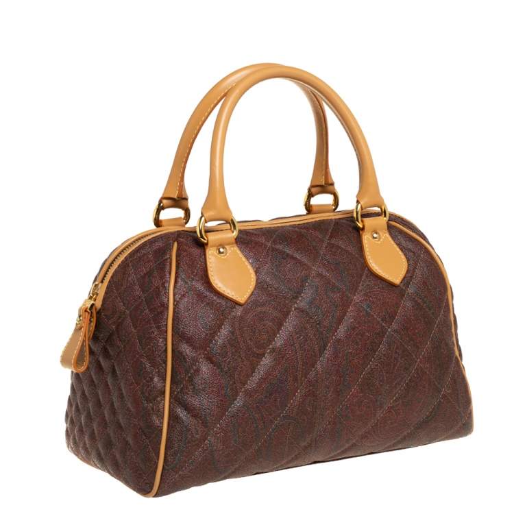 Pre Owned Etro Brown Paisley Quilted Coated Canvas and Leather Zip Satchel