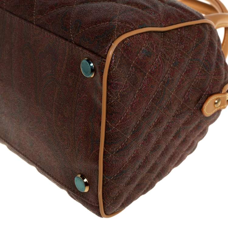 Pre Owned Etro Brown Paisley Quilted Coated Canvas and Leather Zip Satchel