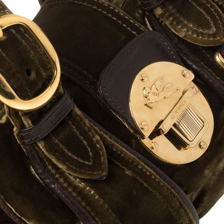 Pre Owned Etro Olive Green Velvet and Leather Buckle Flap Satchel