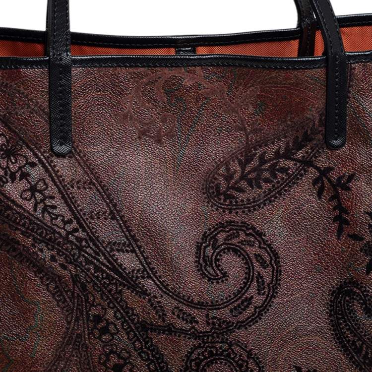 Pre Owned Etro Dark Brown Paisley Print Velvet and Coated Canvas Tote