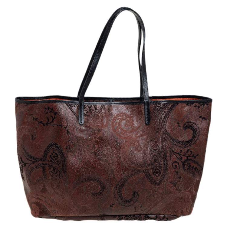 Pre Owned Etro Dark Brown Paisley Print Velvet and Coated Canvas Tote