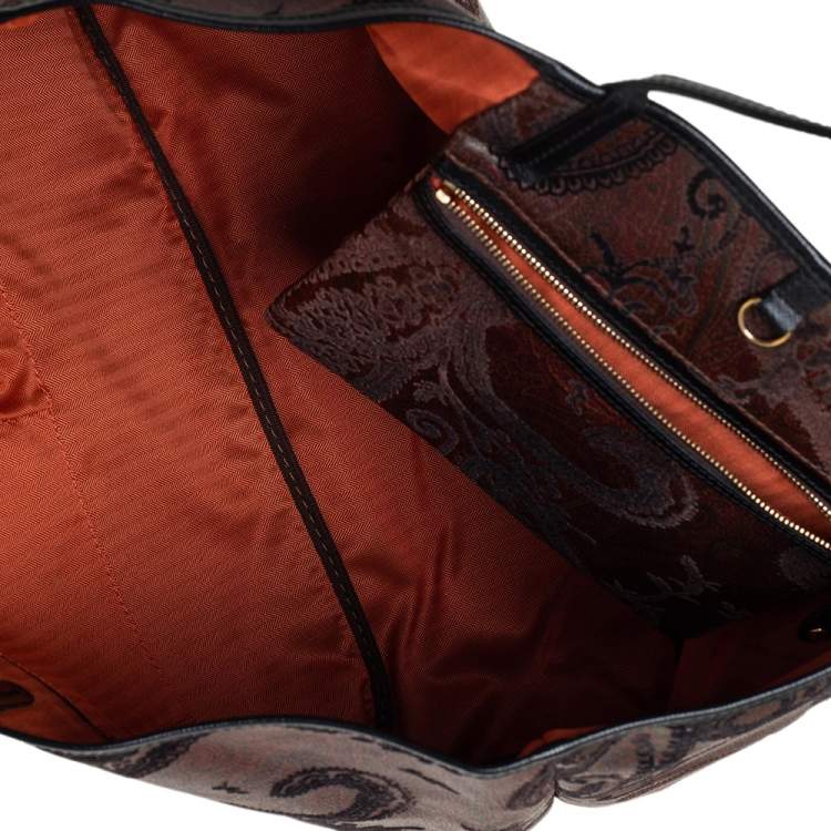 Pre Owned Etro Dark Brown Paisley Print Velvet and Coated Canvas Tote
