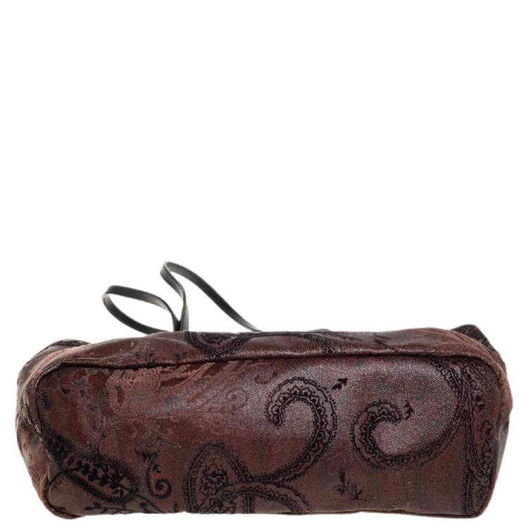 Pre Owned Etro Dark Brown Paisley Print Velvet and Coated Canvas Tote