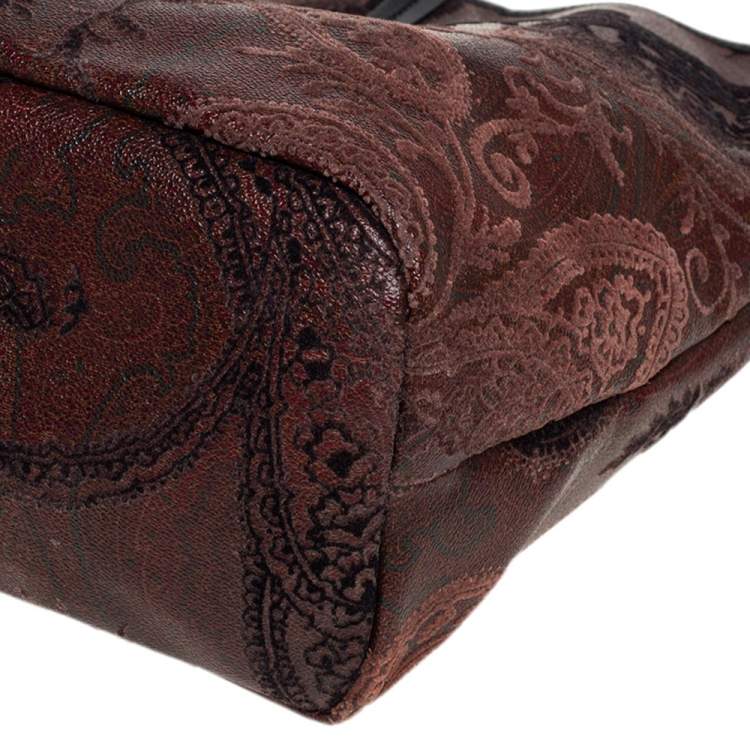 Pre Owned Etro Dark Brown Paisley Print Velvet and Coated Canvas Tote
