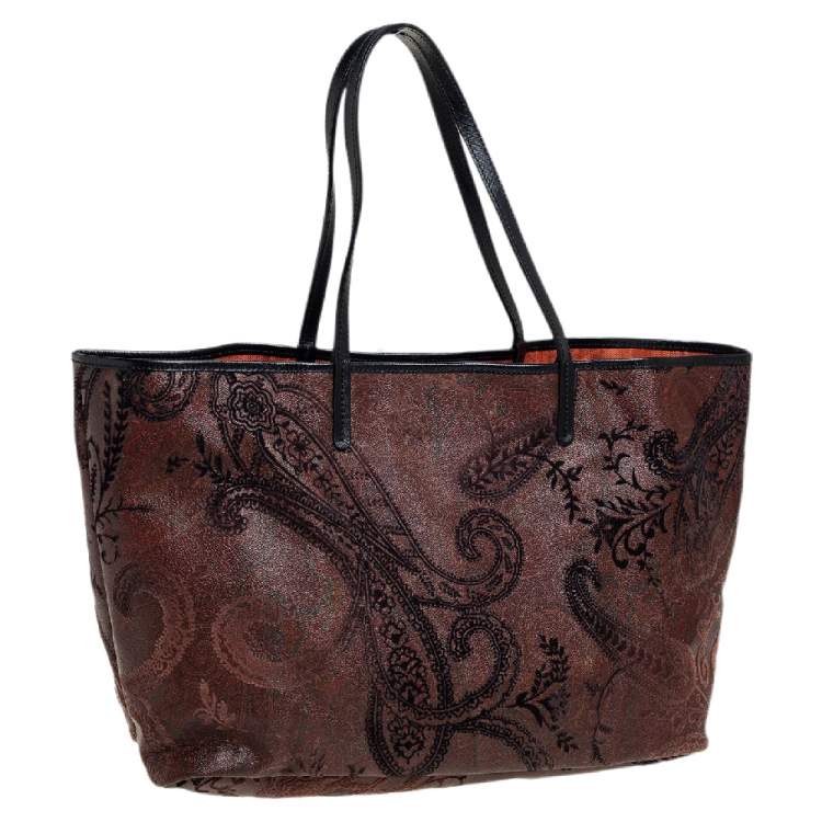 Pre Owned Etro Dark Brown Paisley Print Velvet and Coated Canvas Tote