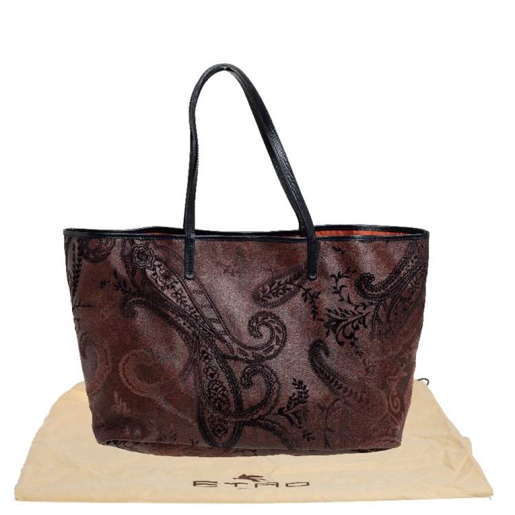 Pre Owned Etro Dark Brown Paisley Print Velvet and Coated Canvas Tote