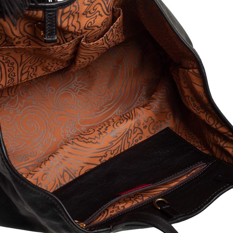 Pre Owned Etro Dark Brown Paisley Embossed Leather Tote