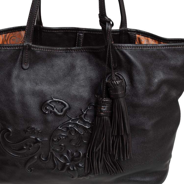 Pre Owned Etro Dark Brown Paisley Embossed Leather Tote