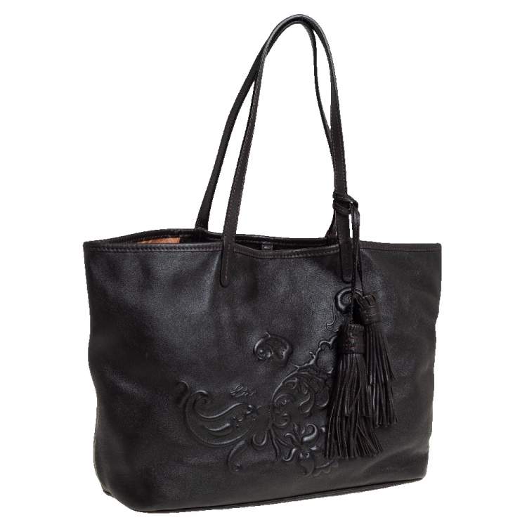 Pre Owned Etro Dark Brown Paisley Embossed Leather Tote