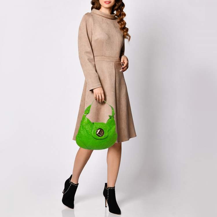Pre Owned Etro Bright Green Paisley Embossed Leather Flap Hobo