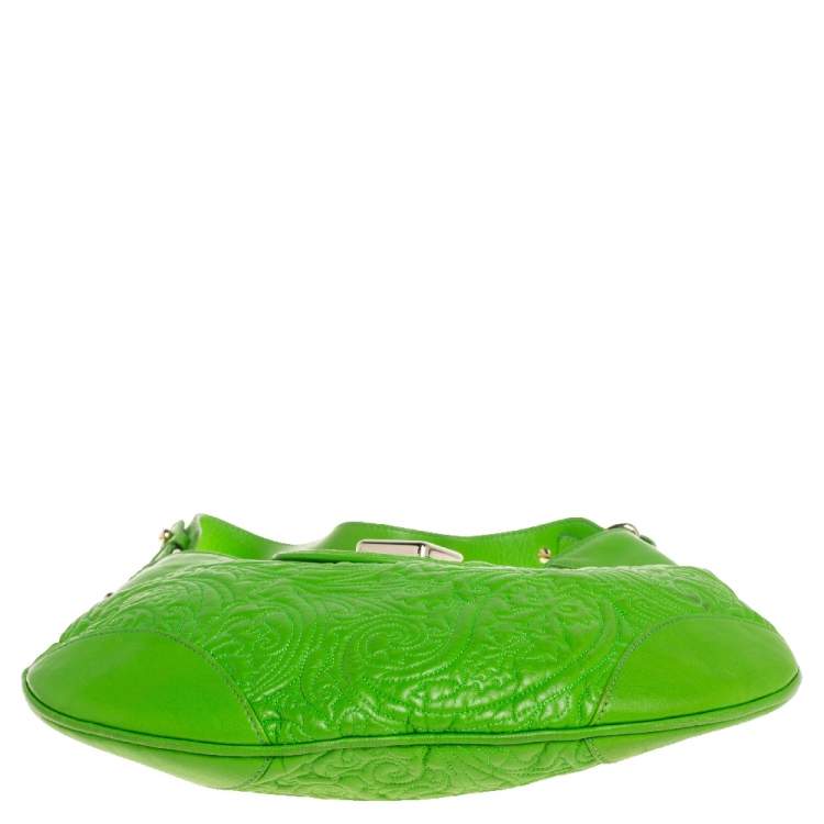 Pre Owned Etro Bright Green Paisley Embossed Leather Flap Hobo