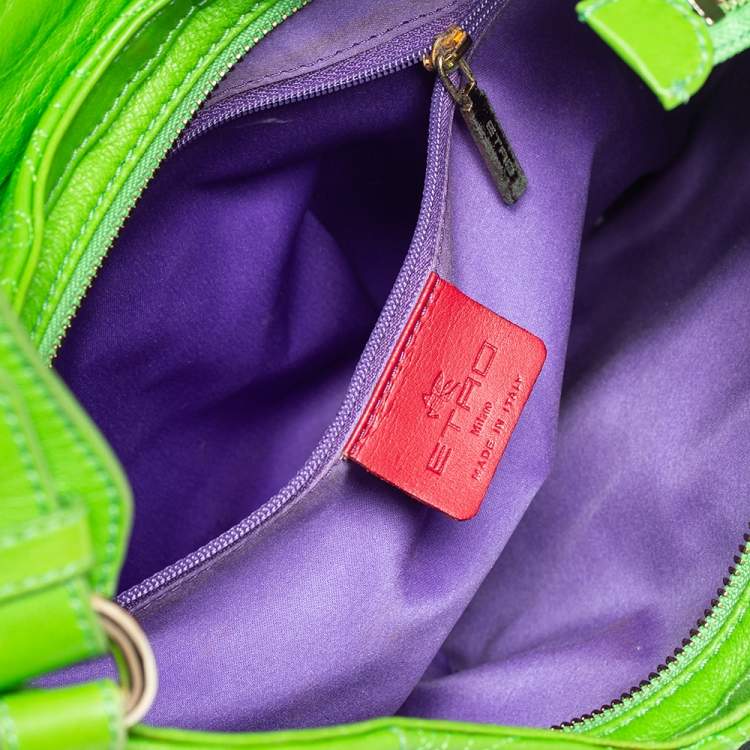 Pre Owned Etro Bright Green Paisley Embossed Leather Flap Hobo