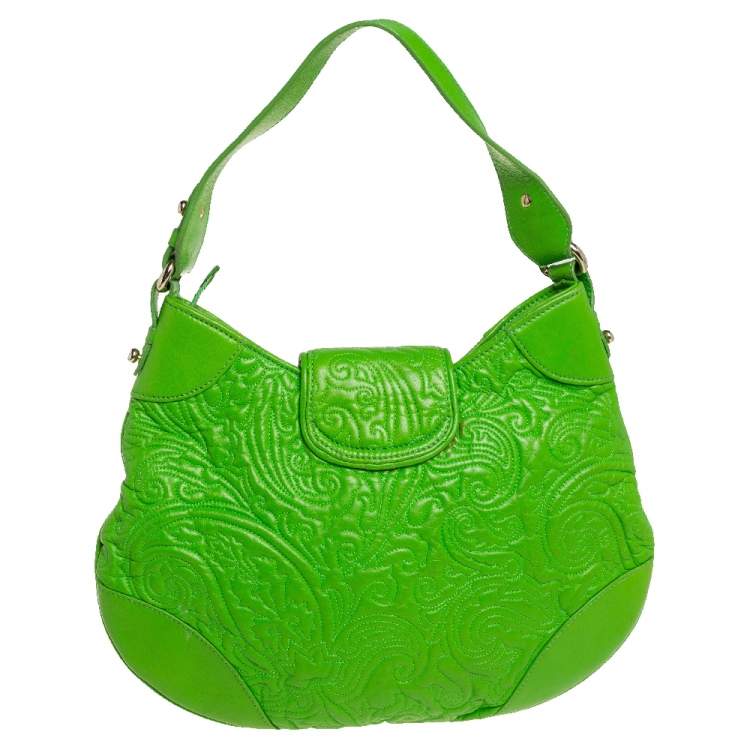 Pre Owned Etro Bright Green Paisley Embossed Leather Flap Hobo