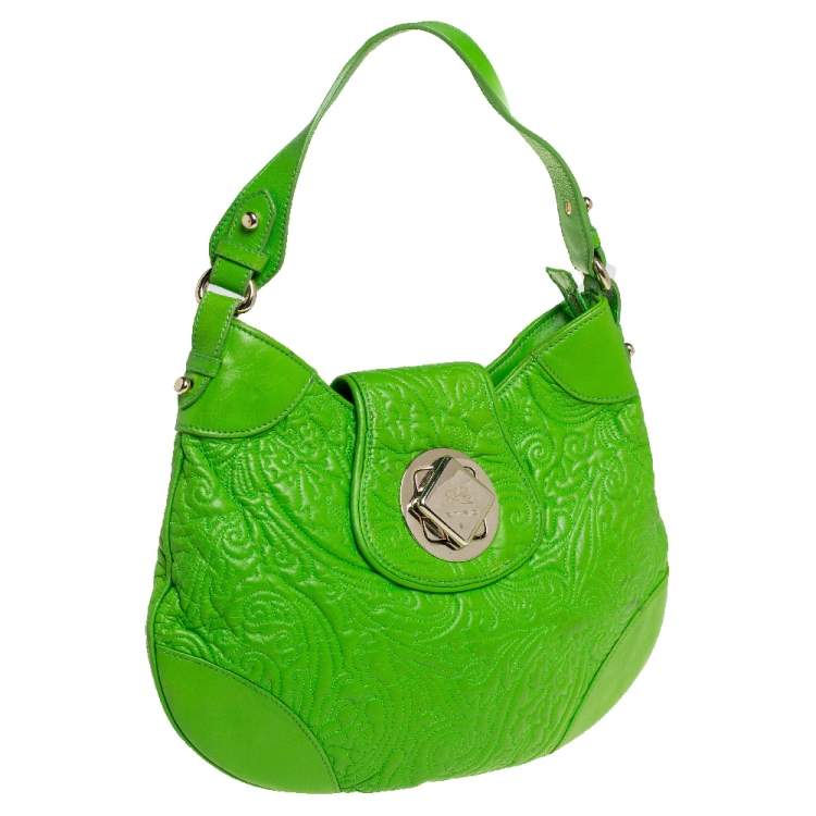 Pre Owned Etro Bright Green Paisley Embossed Leather Flap Hobo