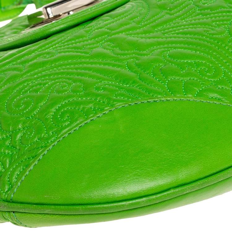 Pre Owned Etro Bright Green Paisley Embossed Leather Flap Hobo