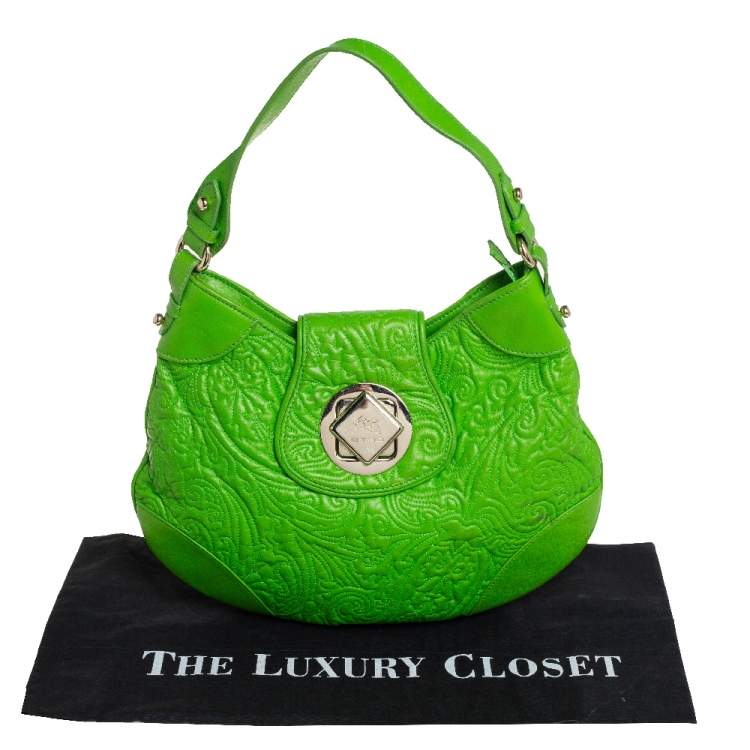 Pre Owned Etro Bright Green Paisley Embossed Leather Flap Hobo