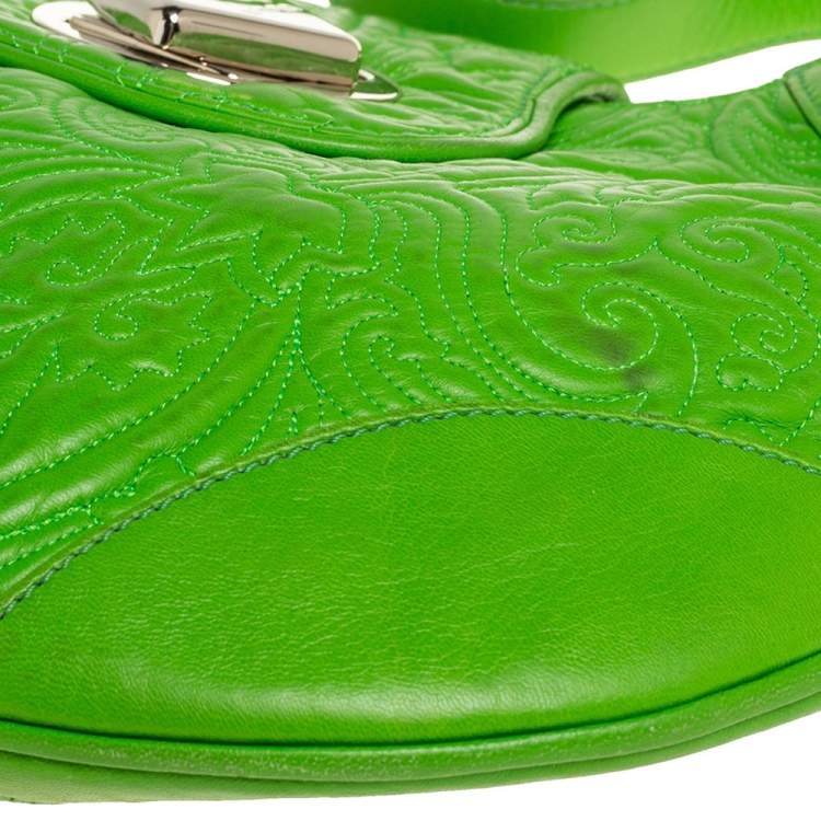 Pre Owned Etro Bright Green Paisley Embossed Leather Flap Hobo