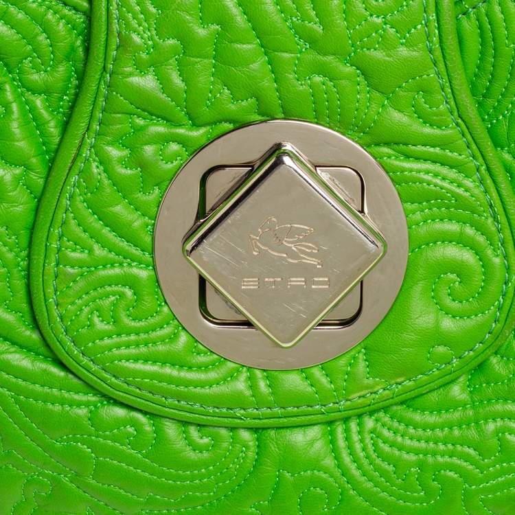 Pre Owned Etro Bright Green Paisley Embossed Leather Flap Hobo