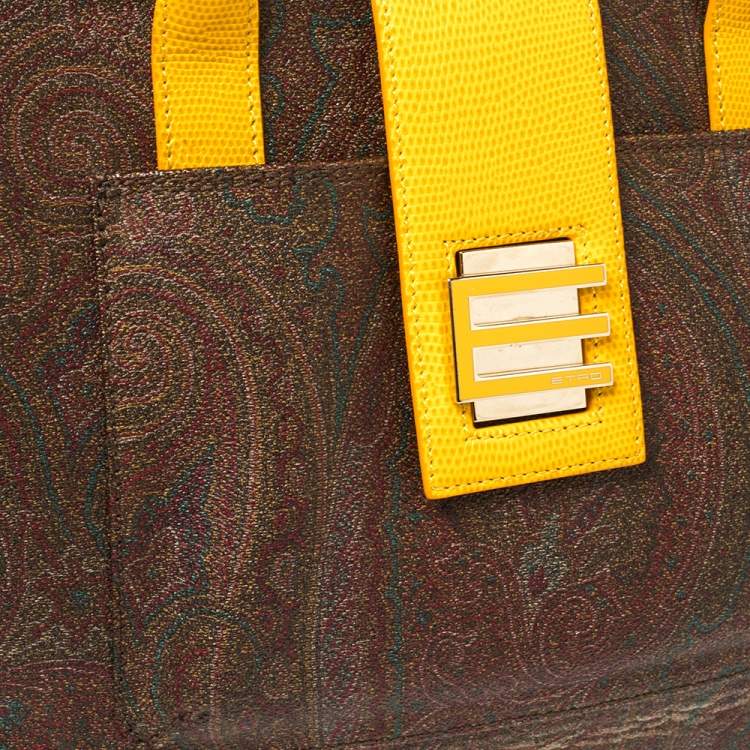 Pre Owned Etro Yellow/Brown Paisley Print Coated Canvas and Leather Tote